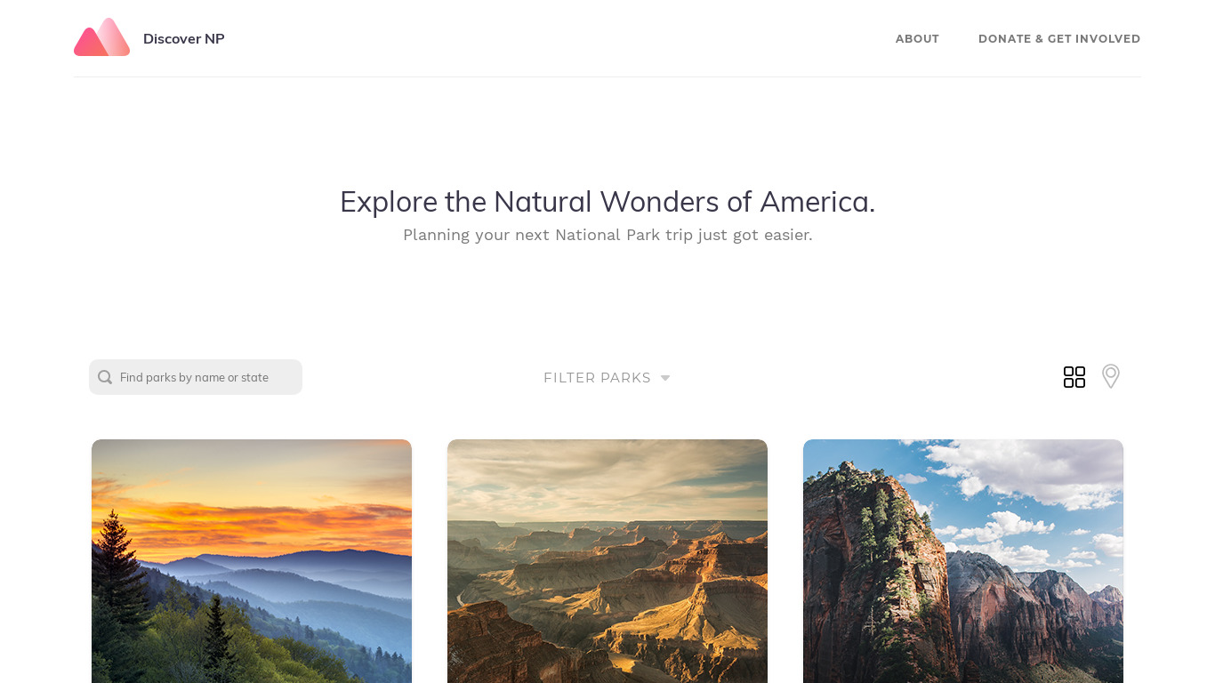 Discover National Parks Landing page