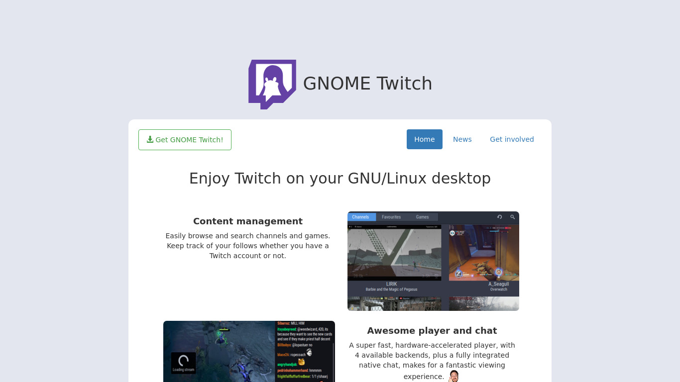 GNOME Twitch Landing page