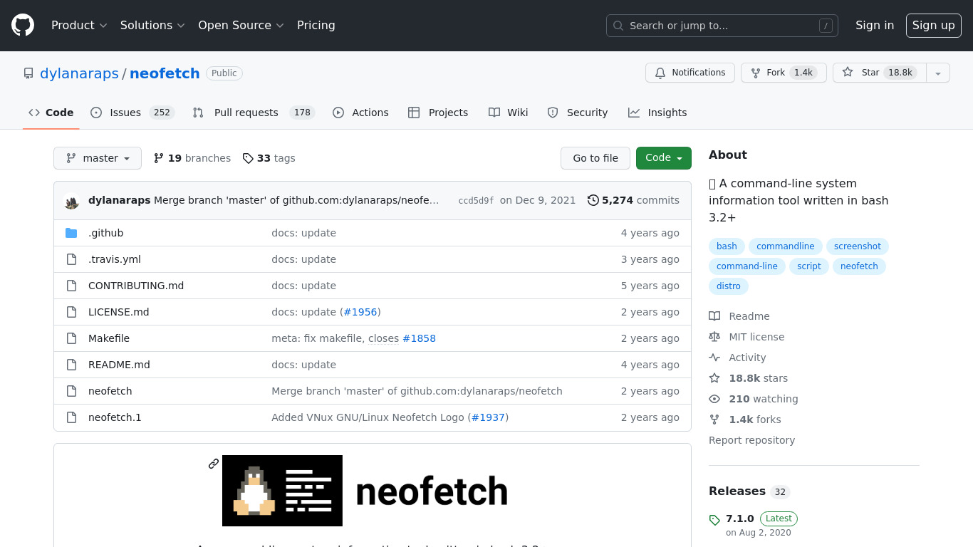 Neofetch Landing page