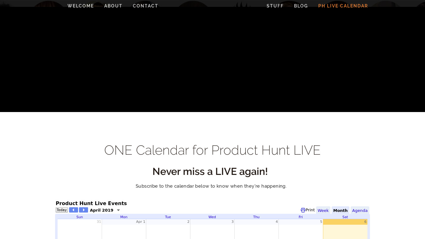 Product Hunt LIVE Calendar Landing page