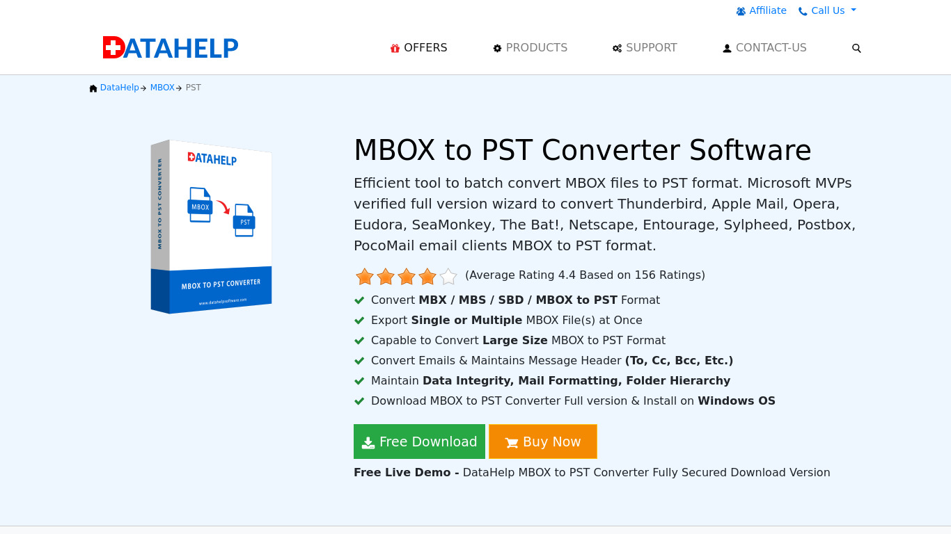 DataHelp MBOX to PST converter Landing page