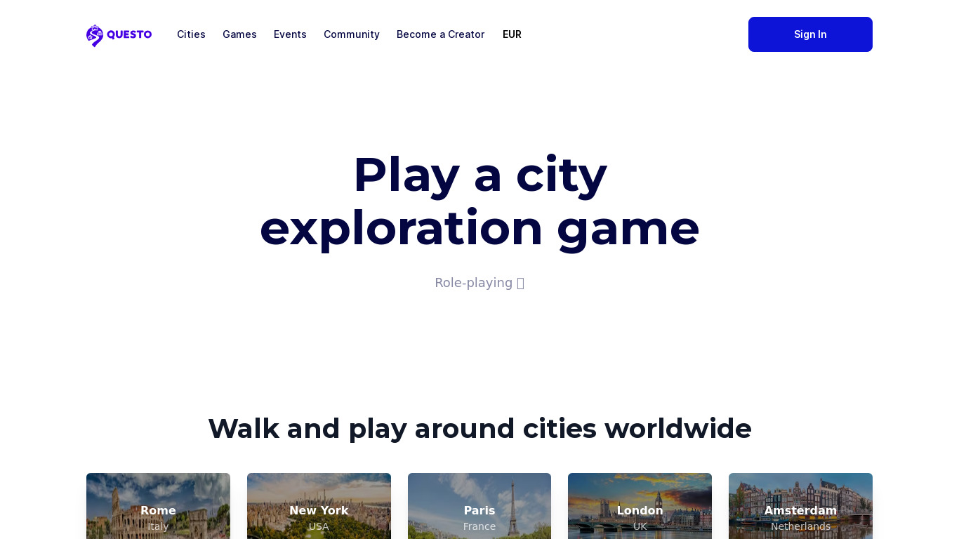 Questo | City Exploration Games Landing page