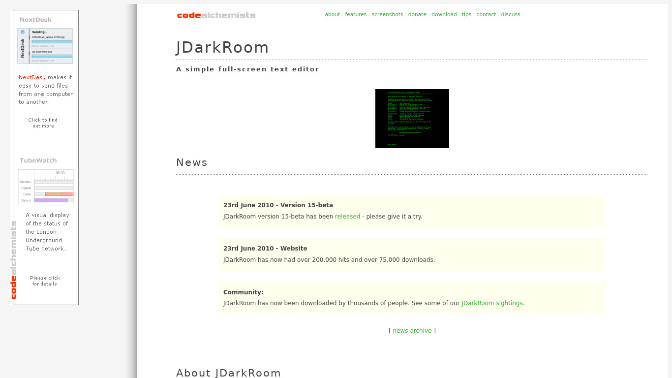 JDarkRoom Landing page