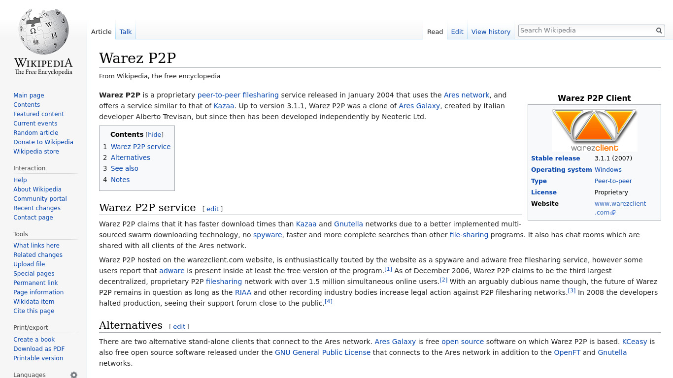 en.wikipedia.org Warez P2P Landing page