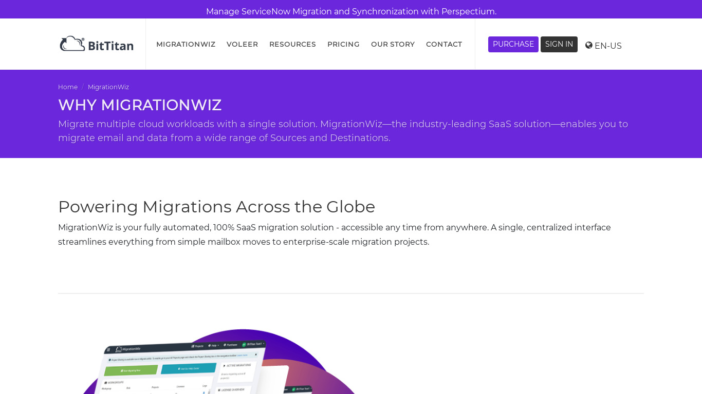 MigrationWiz Landing page