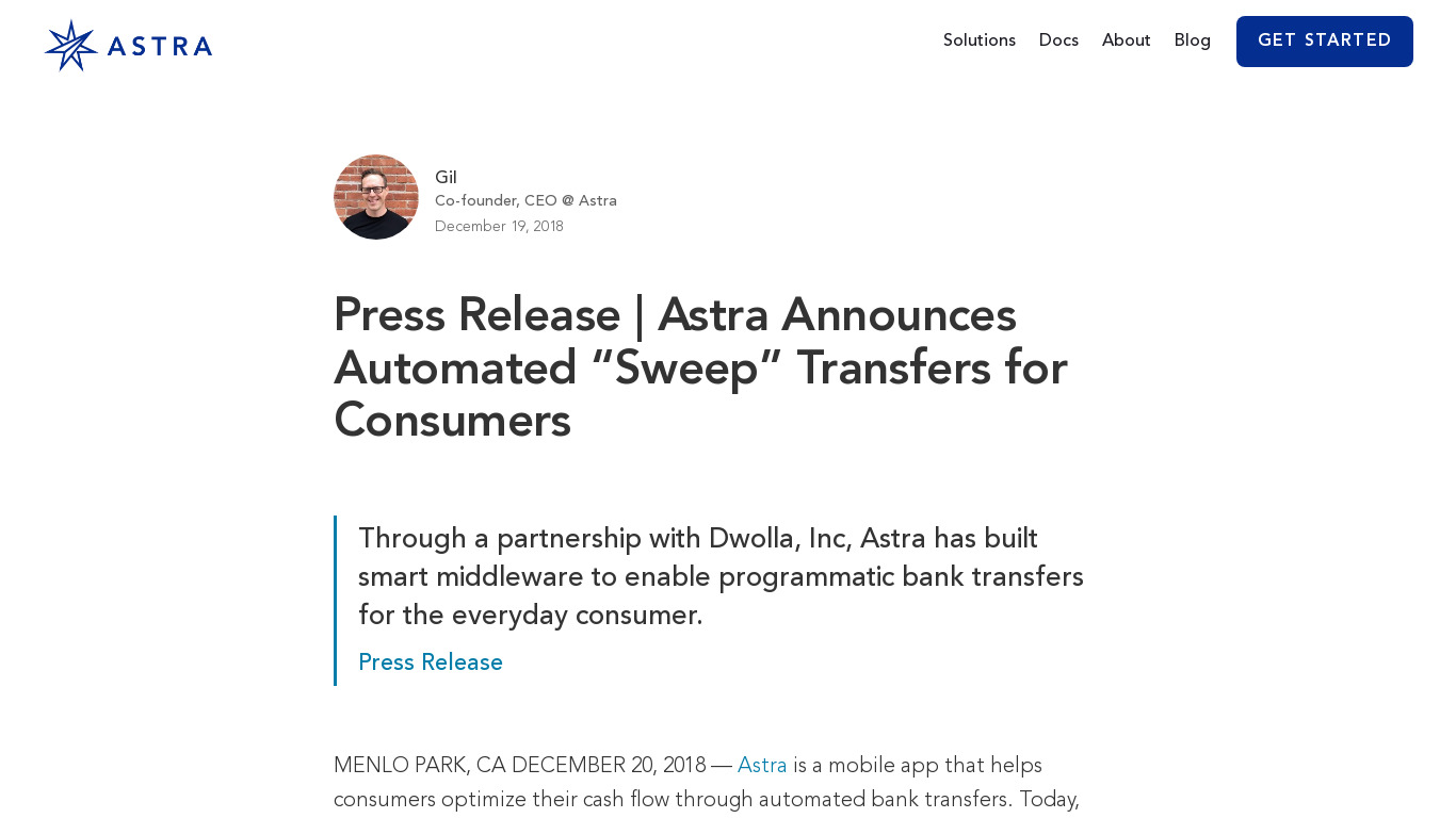Sweep Transfers for Astra Landing page
