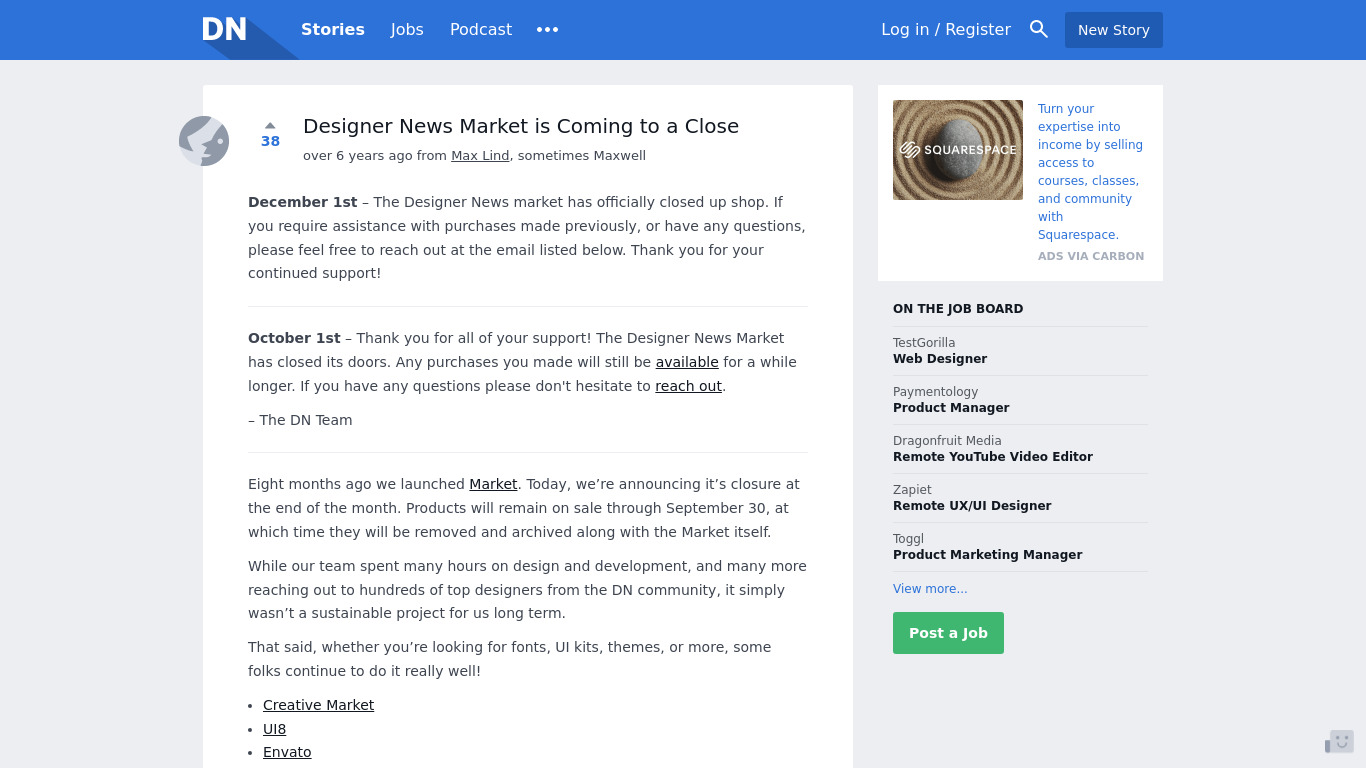 Designer News Market Landing page