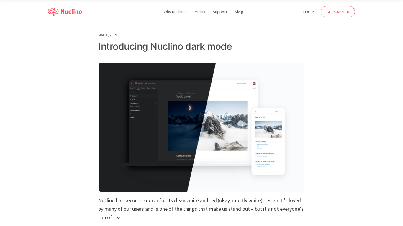 Nuclino Dark Mode Landing page