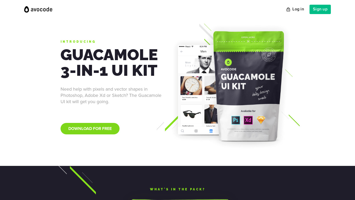 Guacamole UI kit by Avocode Landing page