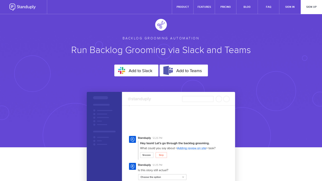 Backlog Grooming by Standuply Landing page