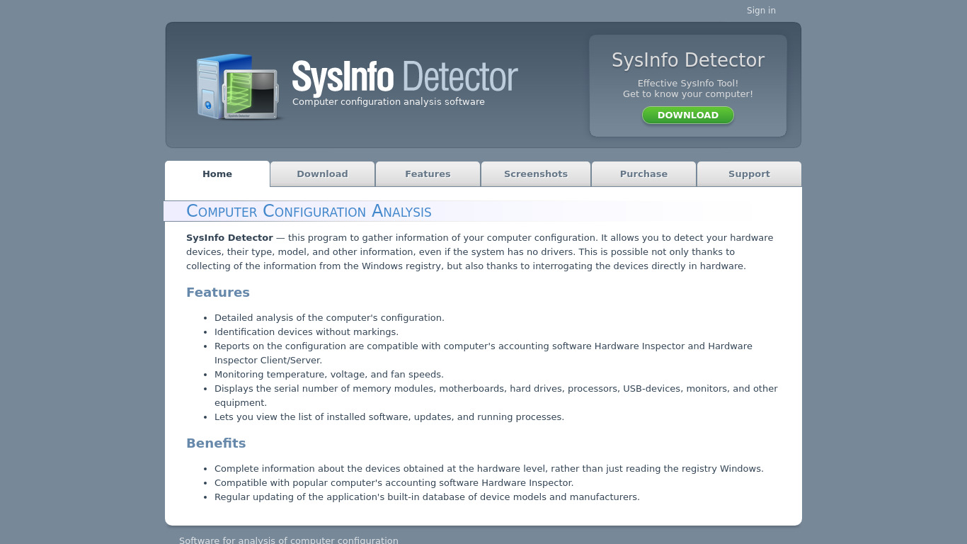 SysInfo Detector Landing page