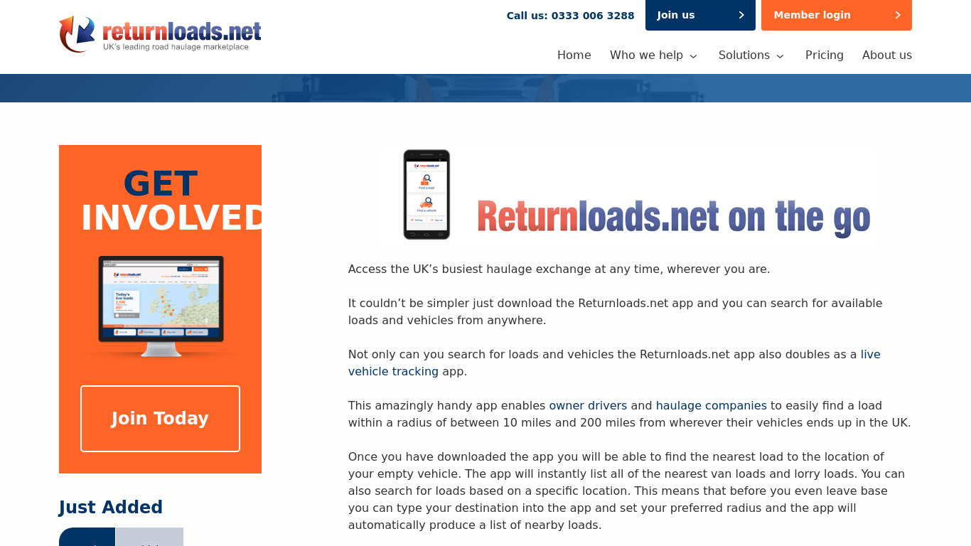 Returnloads.net on the go Landing page