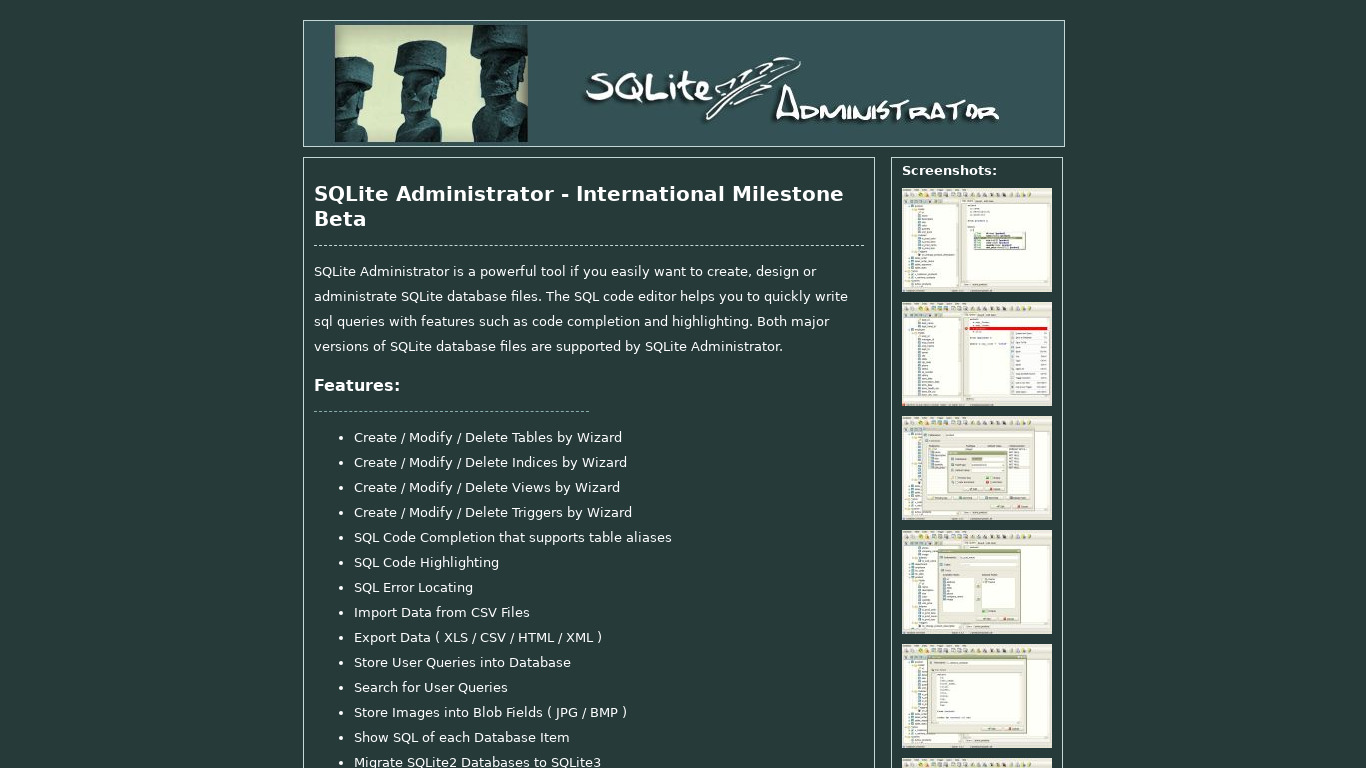 SQLite Administrator Landing page
