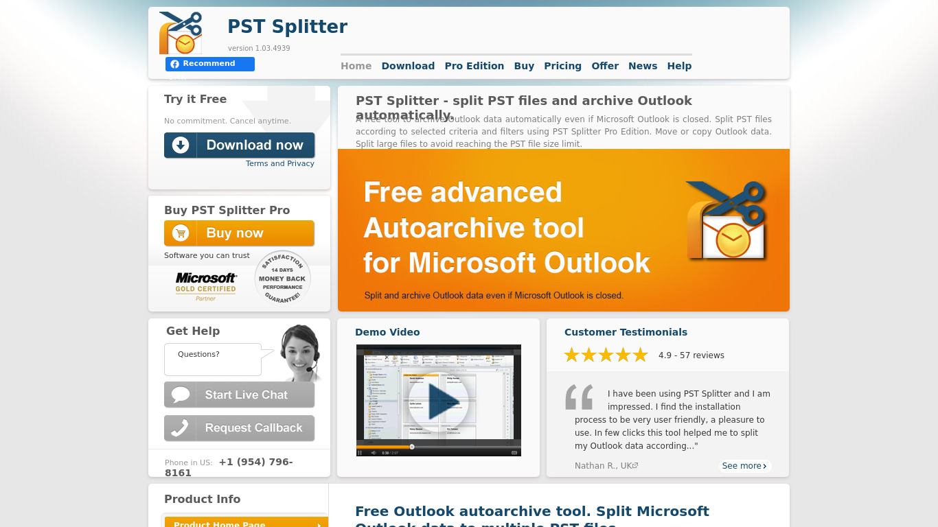 PST Splitter for Outlook Landing page