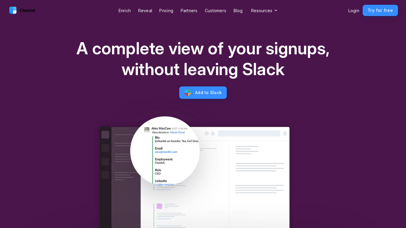 Clearbit for Slack Landing page