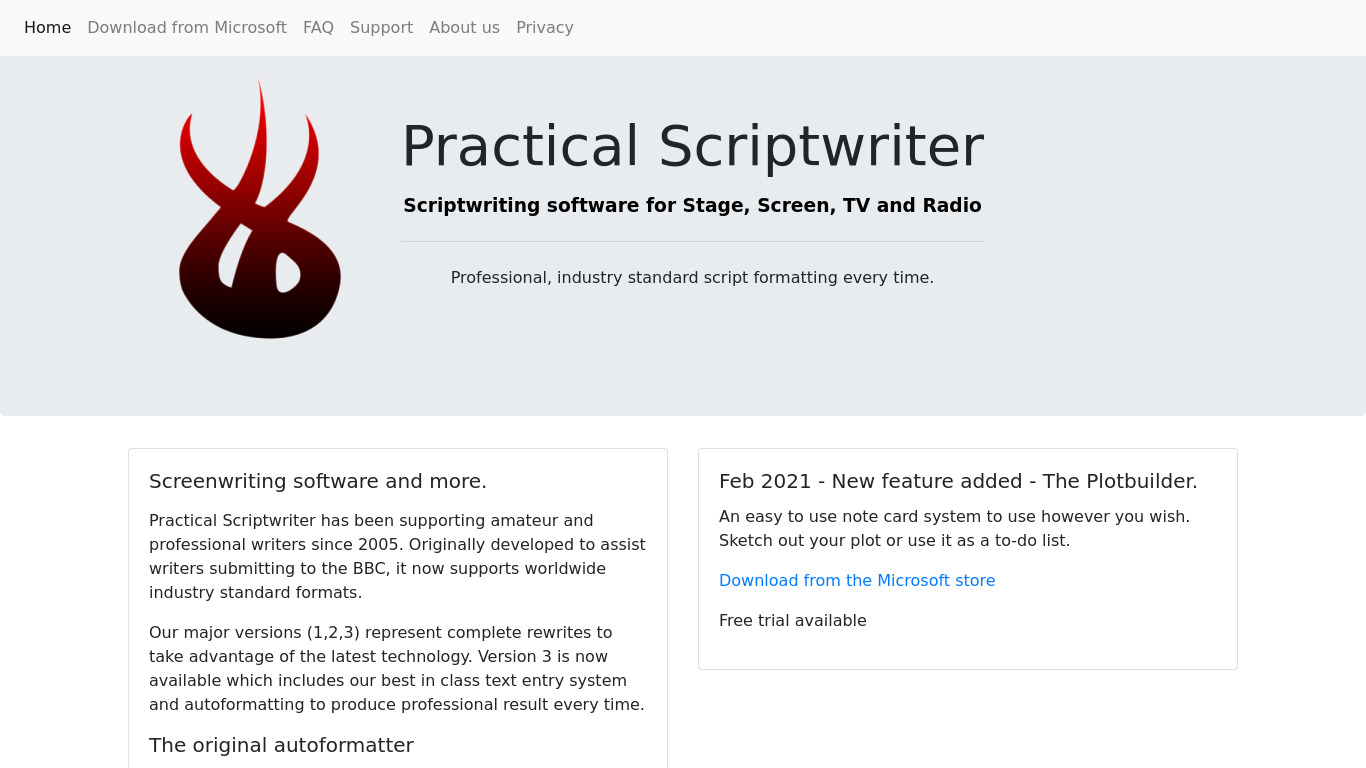 Practical Scriptwriter Landing page
