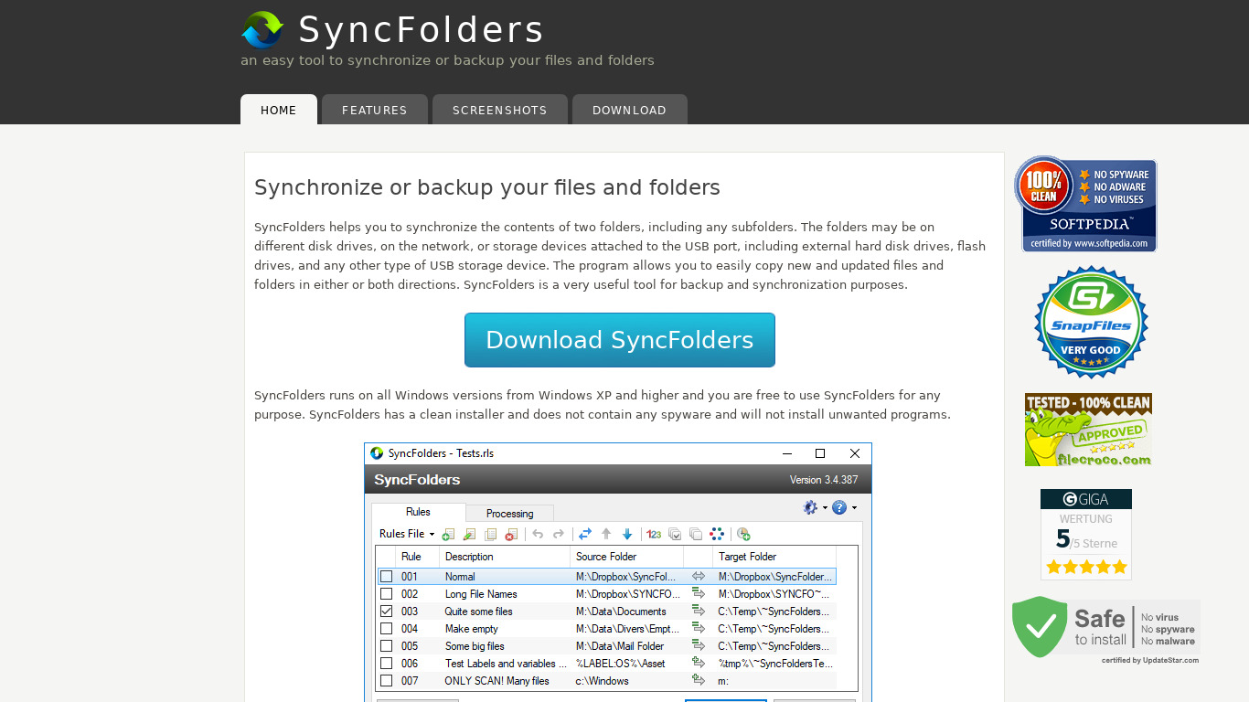 SyncFolders Landing page