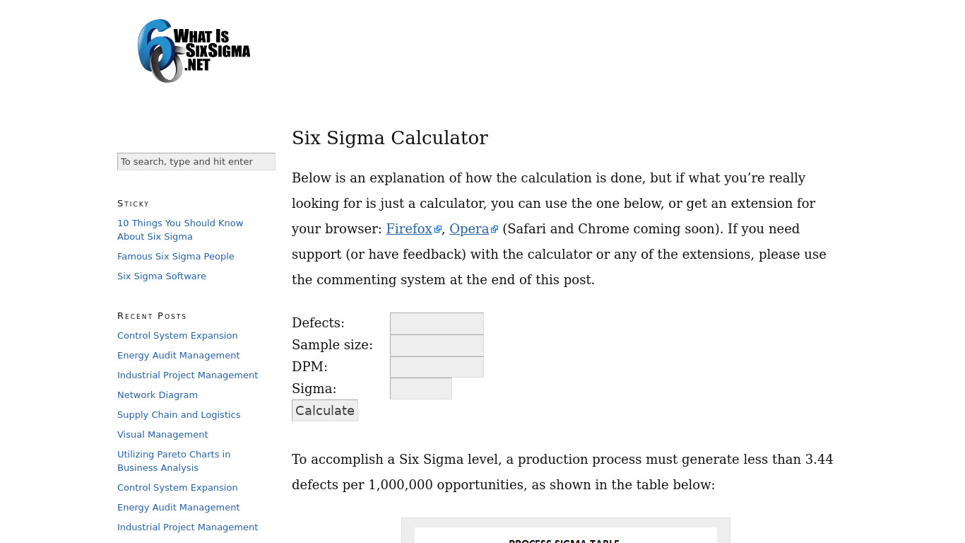 Six Sigma Calculator Landing page