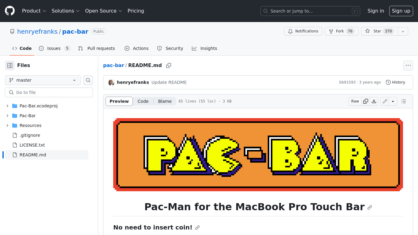 Pac-Man for Touch Bar Landing page