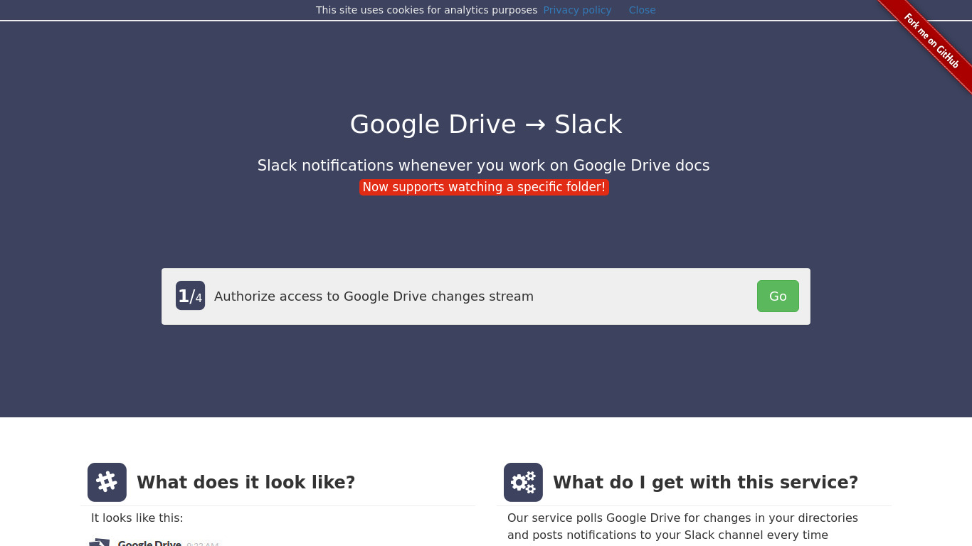 Google Drive to Slack Landing page