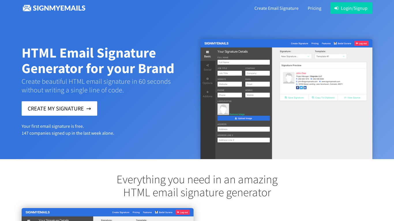 SignMyEmails Landing page