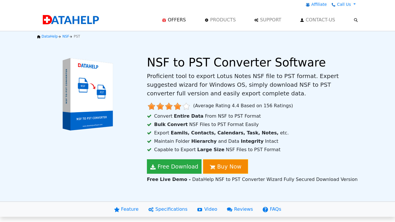 DataHelp NSF to PST Converter Landing page