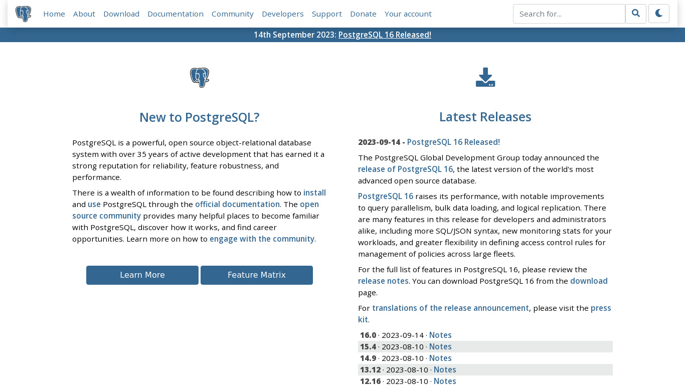 PostgreSQL Landing page
