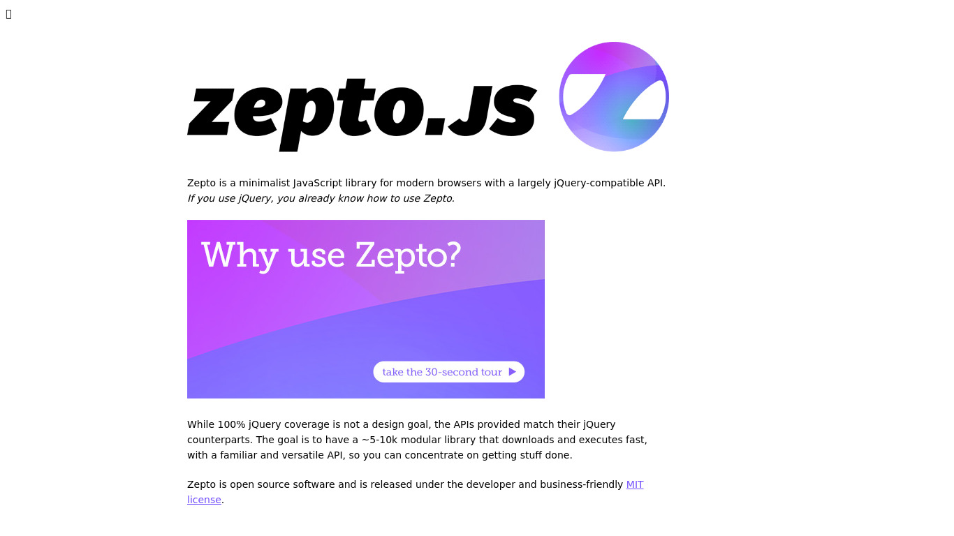 Zepto.js Landing page