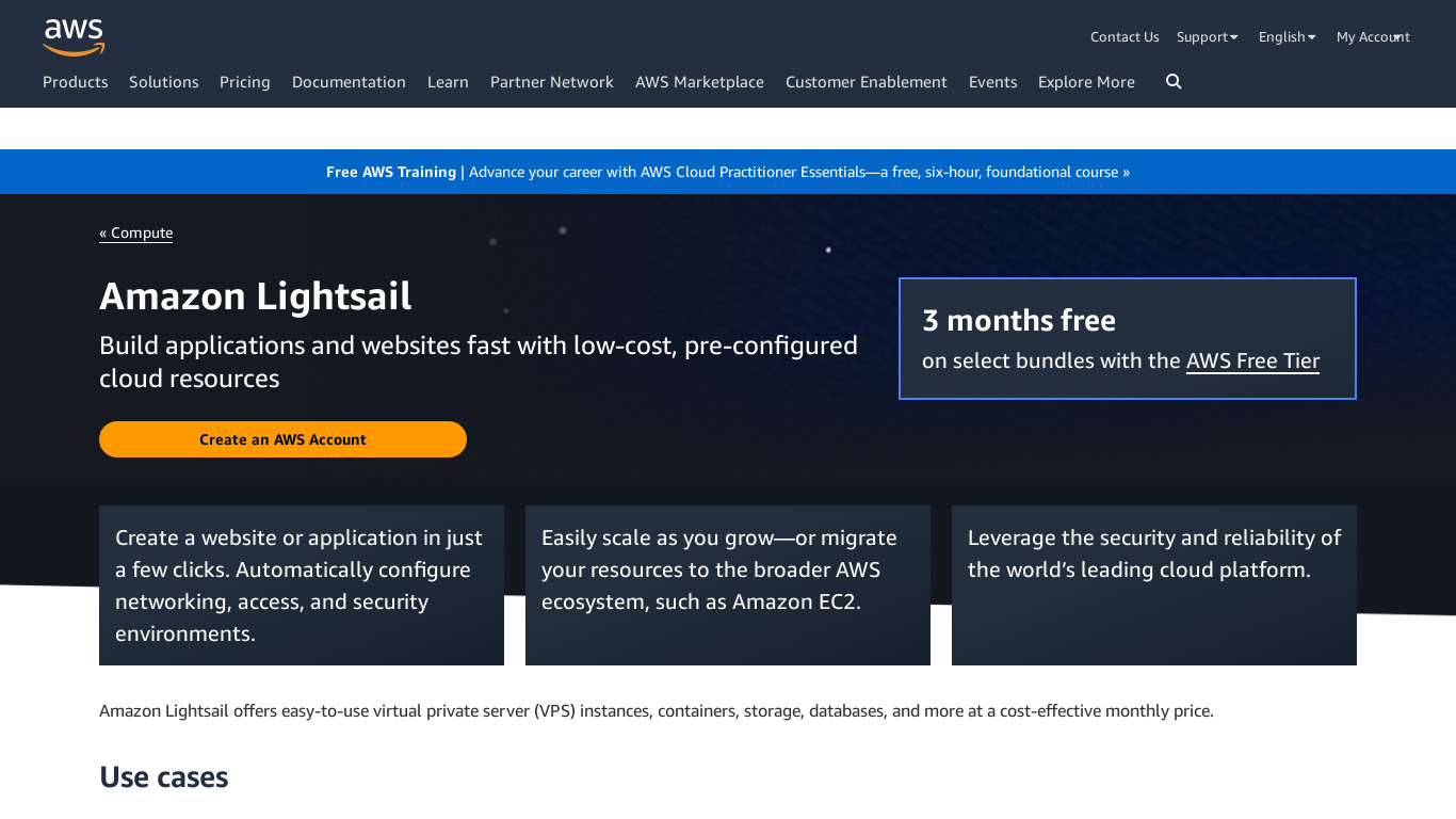 Amazon Lightsail Landing page