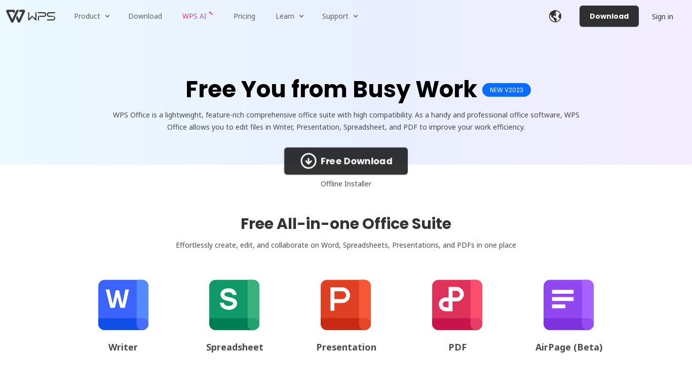 WPS Office Landing page