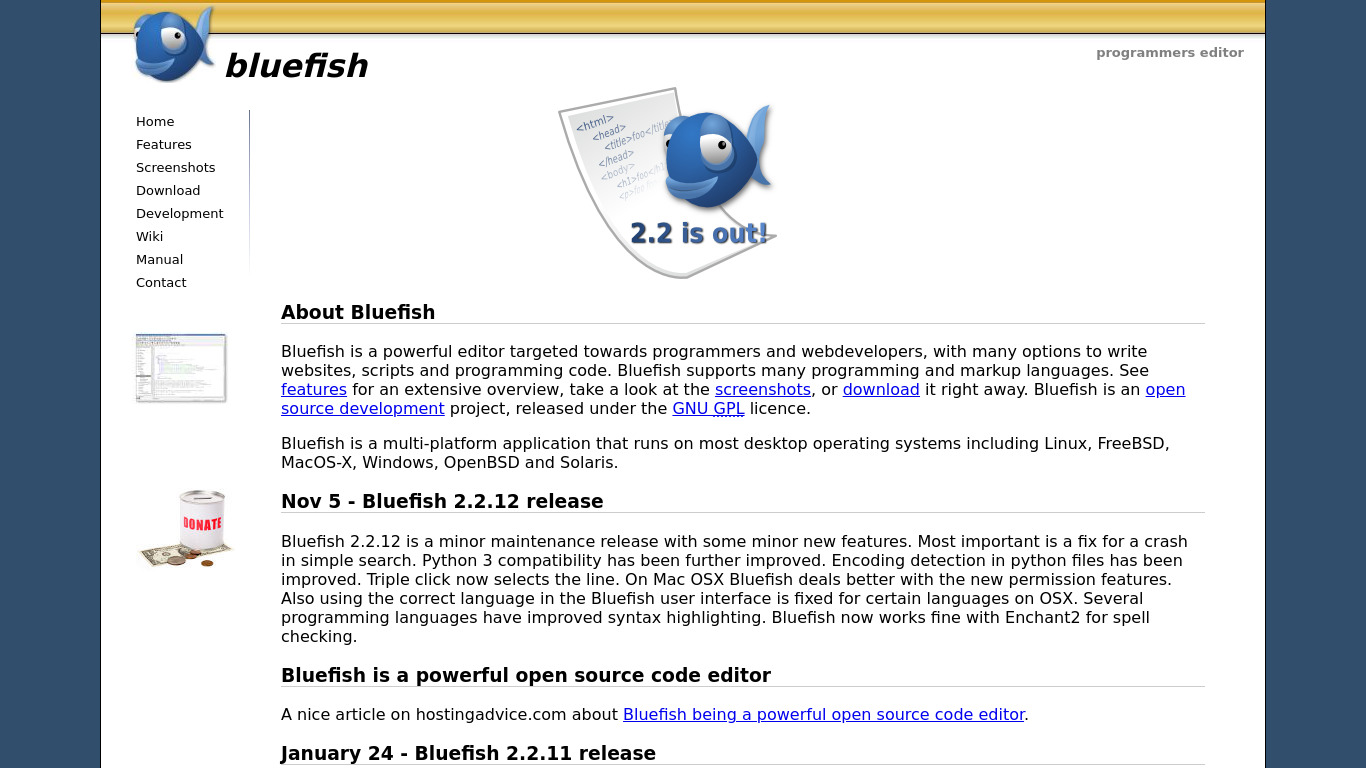 Bluefish Editor Landing page
