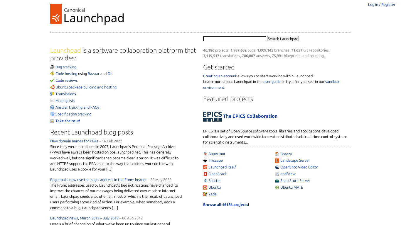 Launchpad.net Landing page