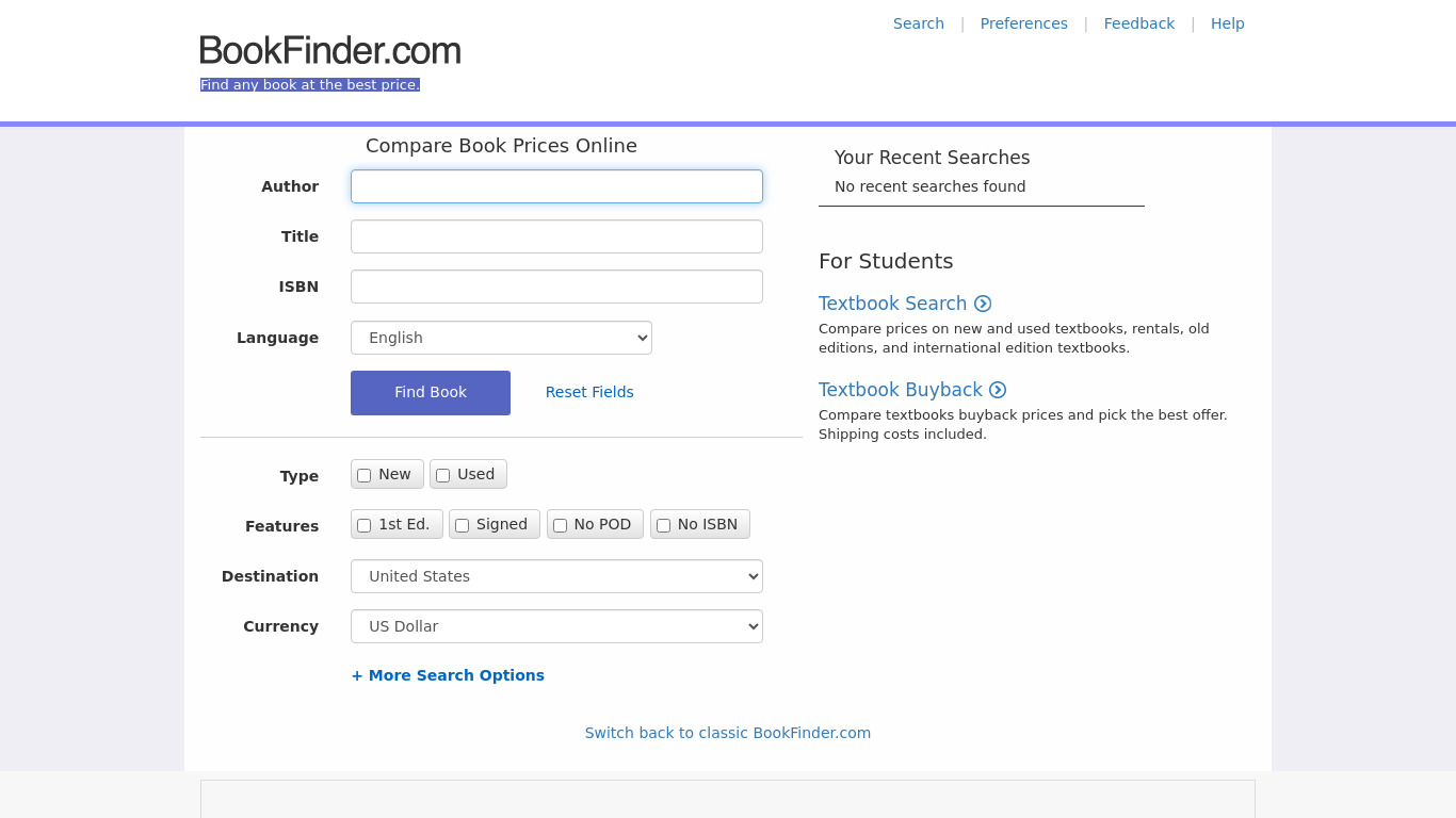 Bookfinder Landing page