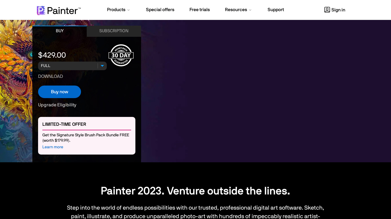 Corel Painter Landing page