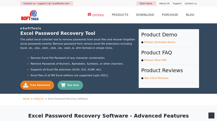 Excel Password Recovery by Esofttools Landing Page