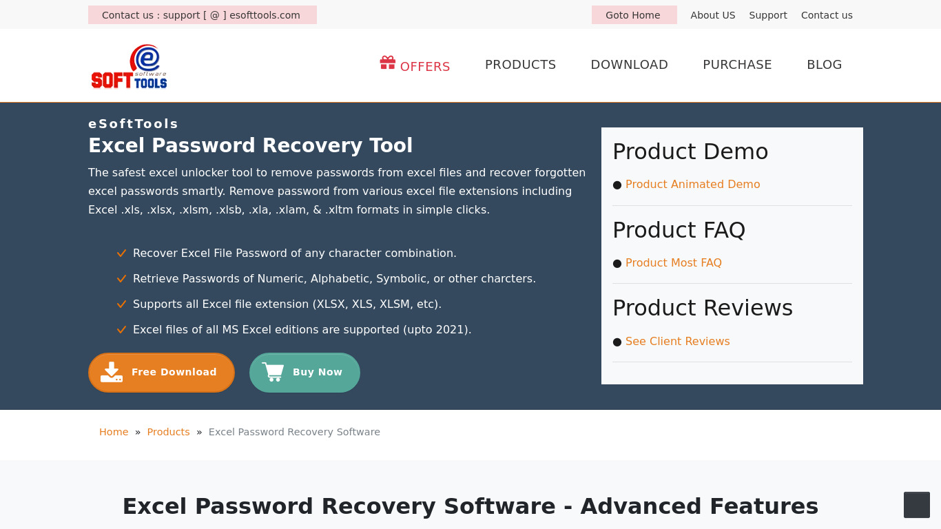 Excel Password Recovery by Esofttools Landing page