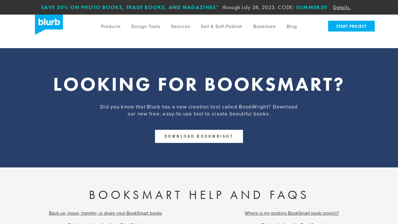 Blurb BookSmart Landing page