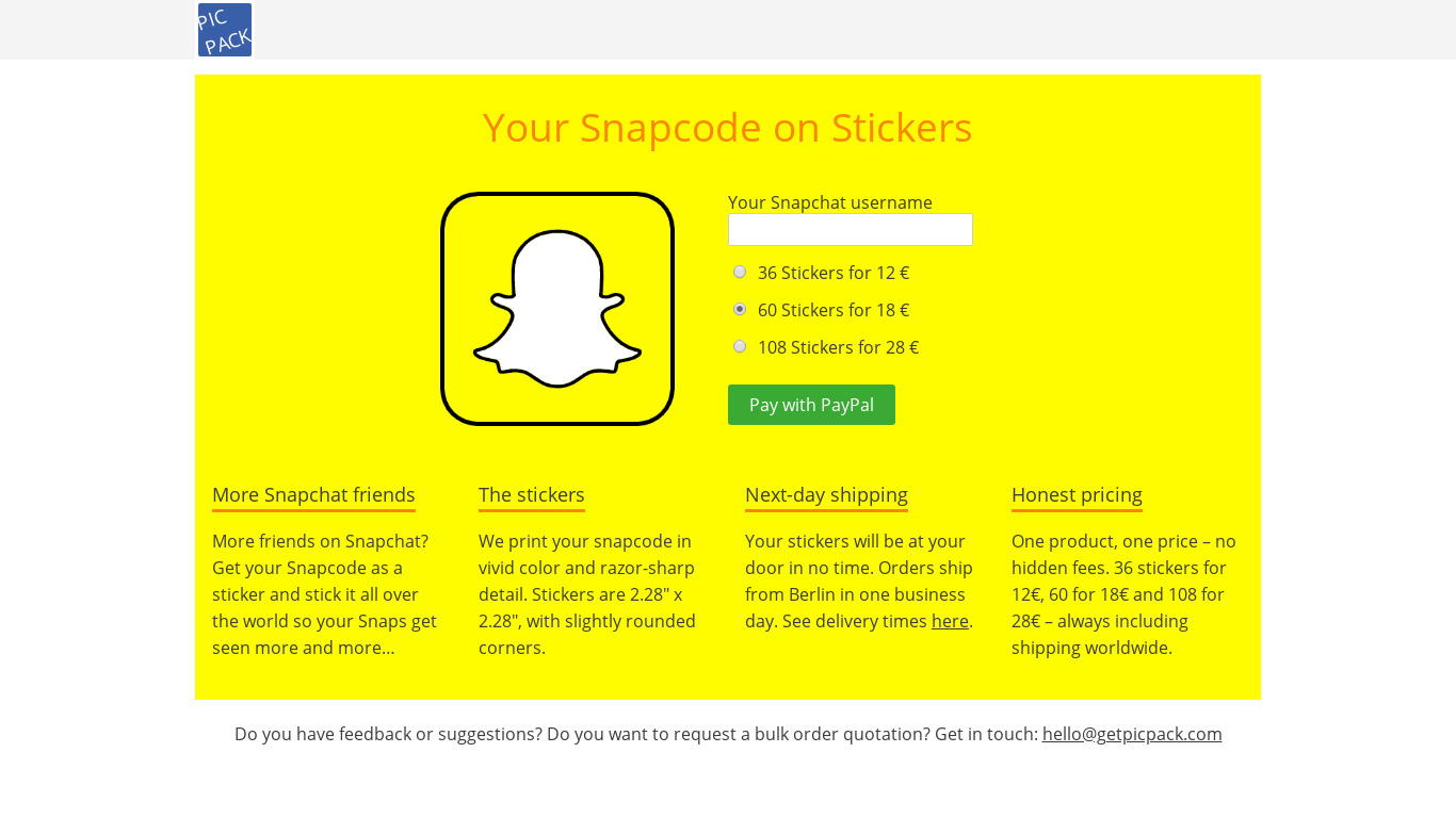 Snapcode Stickers Landing page