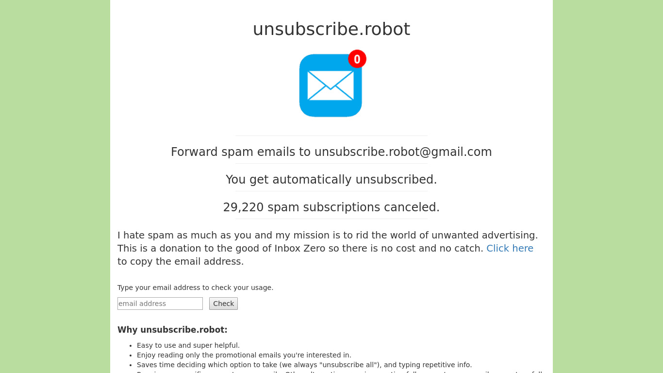 Unsubscribe Robot Landing page