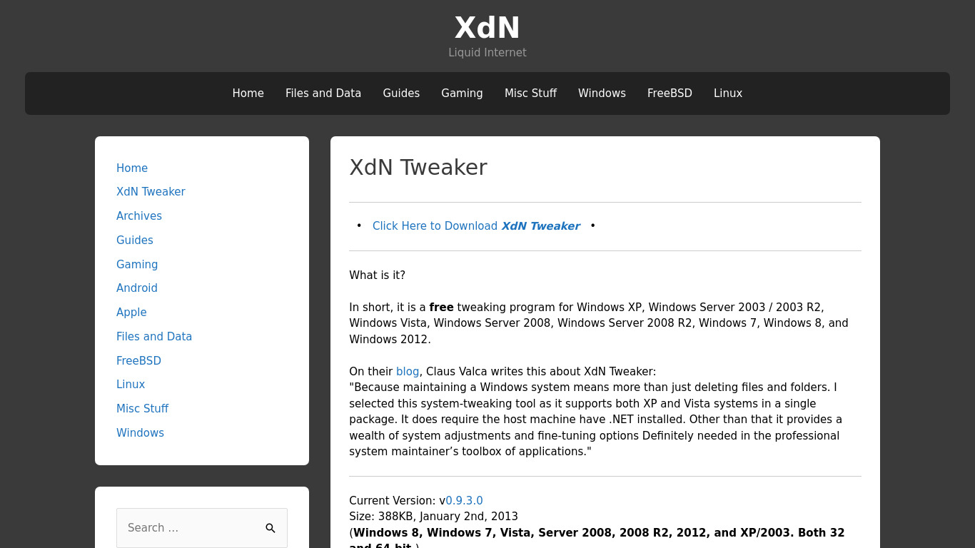 XdN Tweaker Landing page