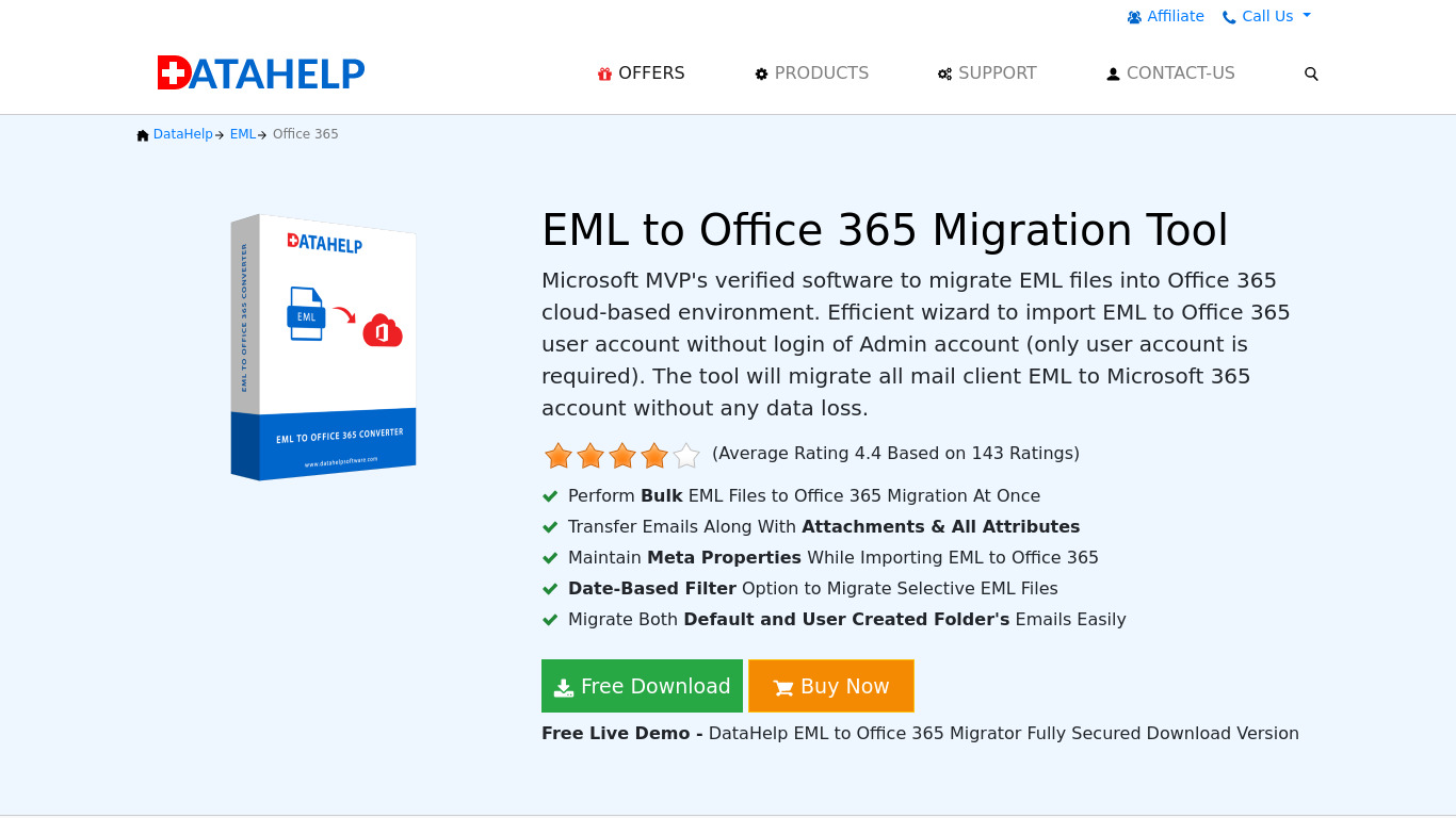 Datahelp EML to Office 365 Landing page
