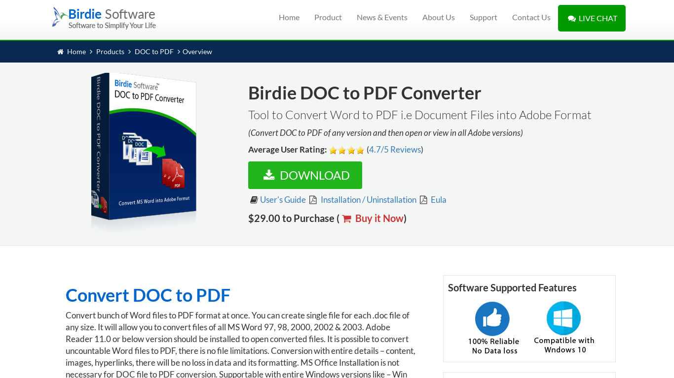 Birdie DOC to PDF Converter Landing page
