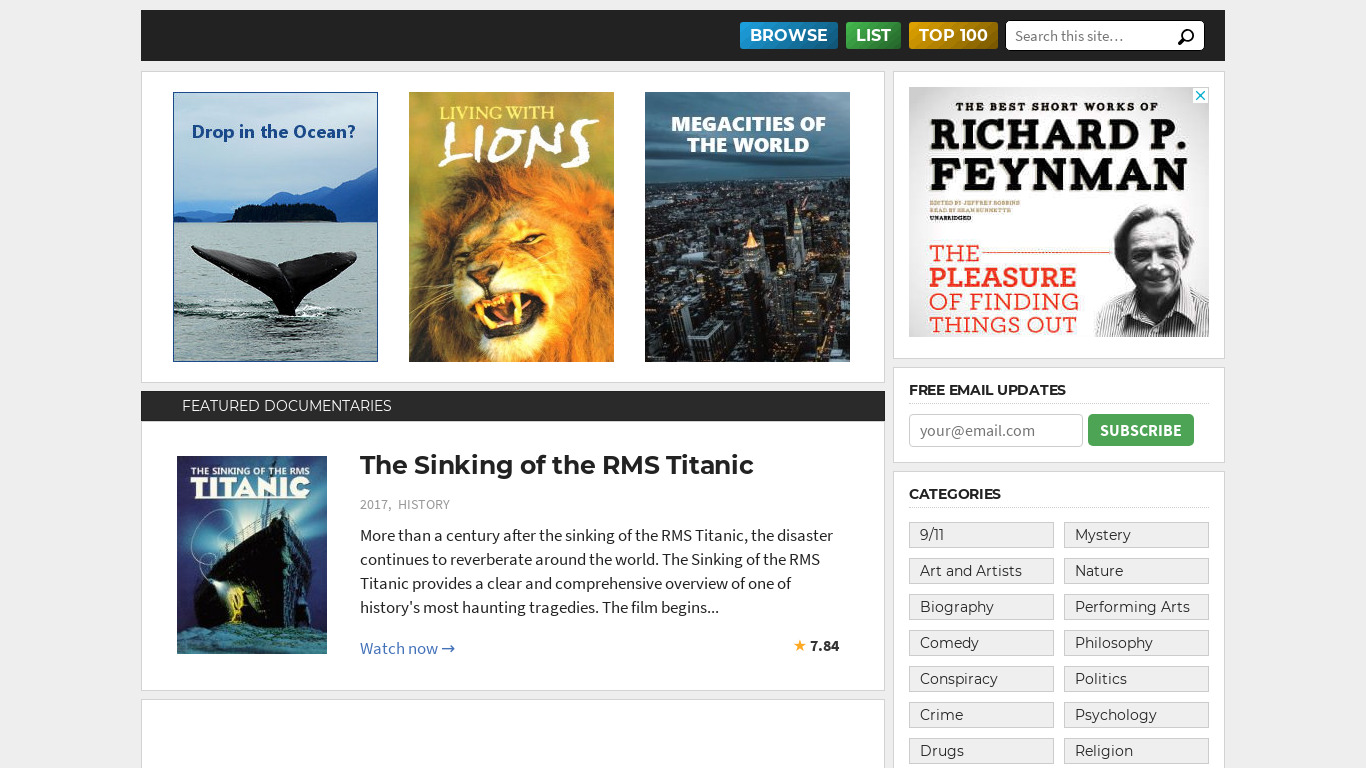 Top Documentary Films Landing page