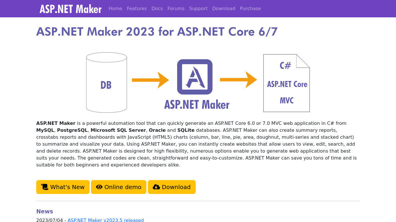 ASP.NET Report Maker Landing page