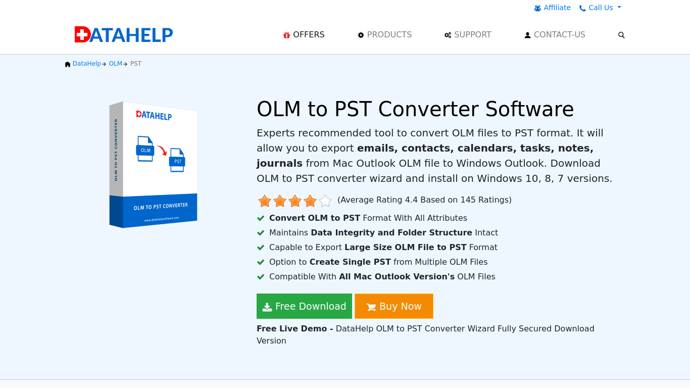 DataHelp OLM to PST Converter Landing page