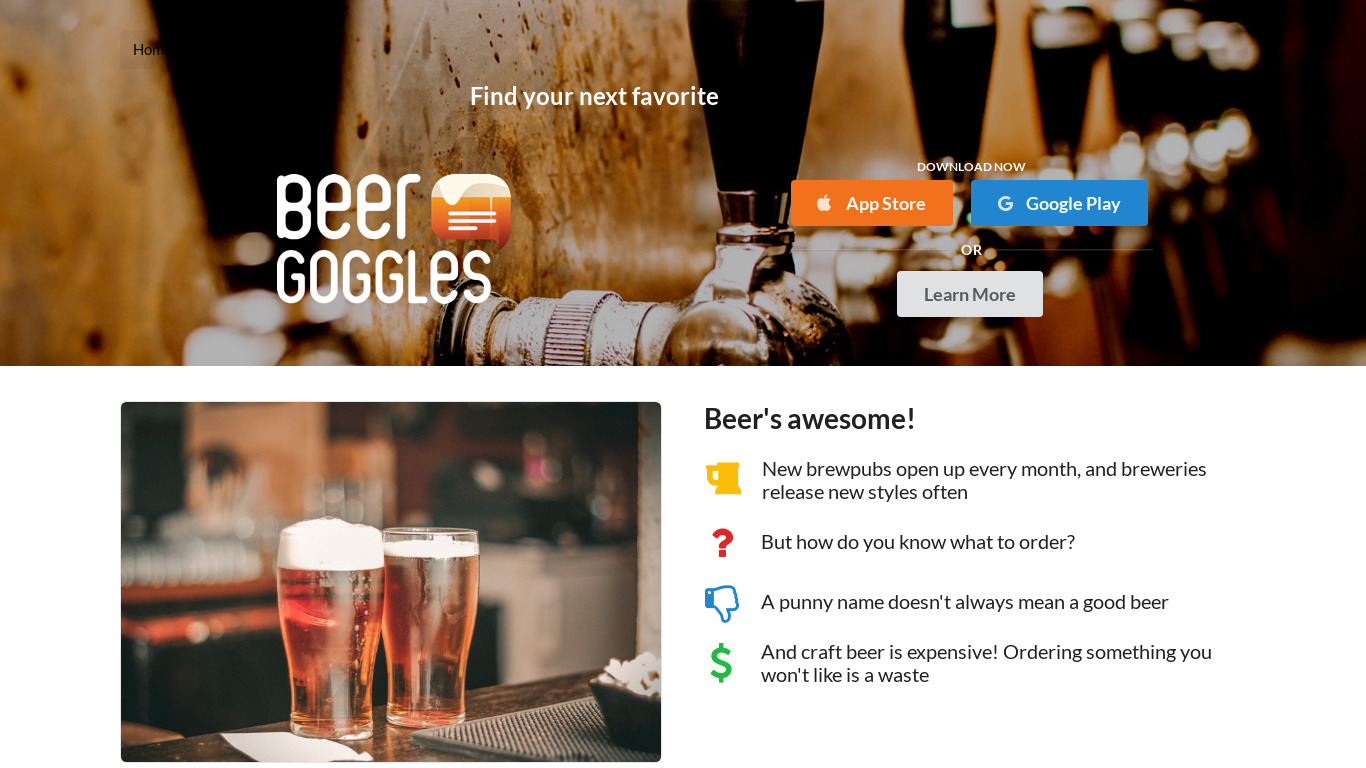 Beer Goggles Landing page