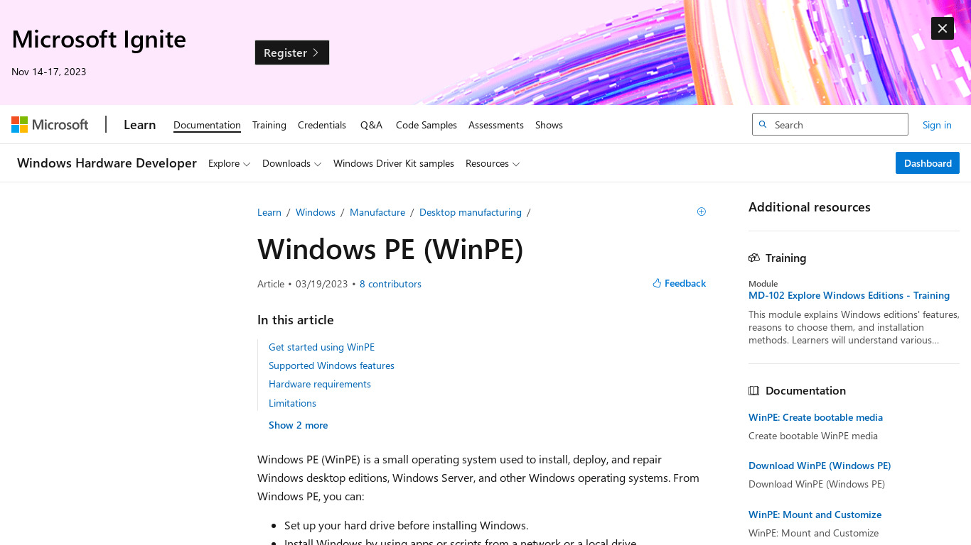Windows Preinstallation Environment Landing page