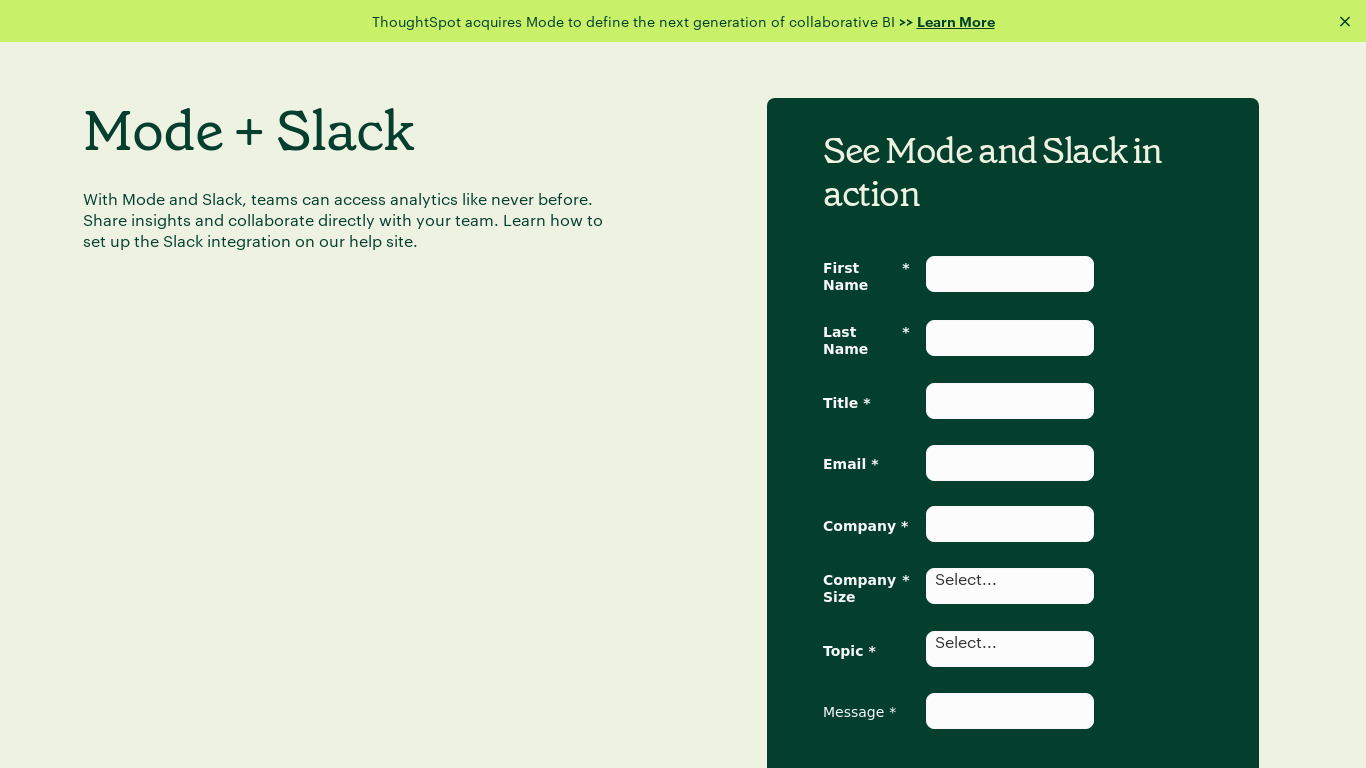Mode for Slack Landing page