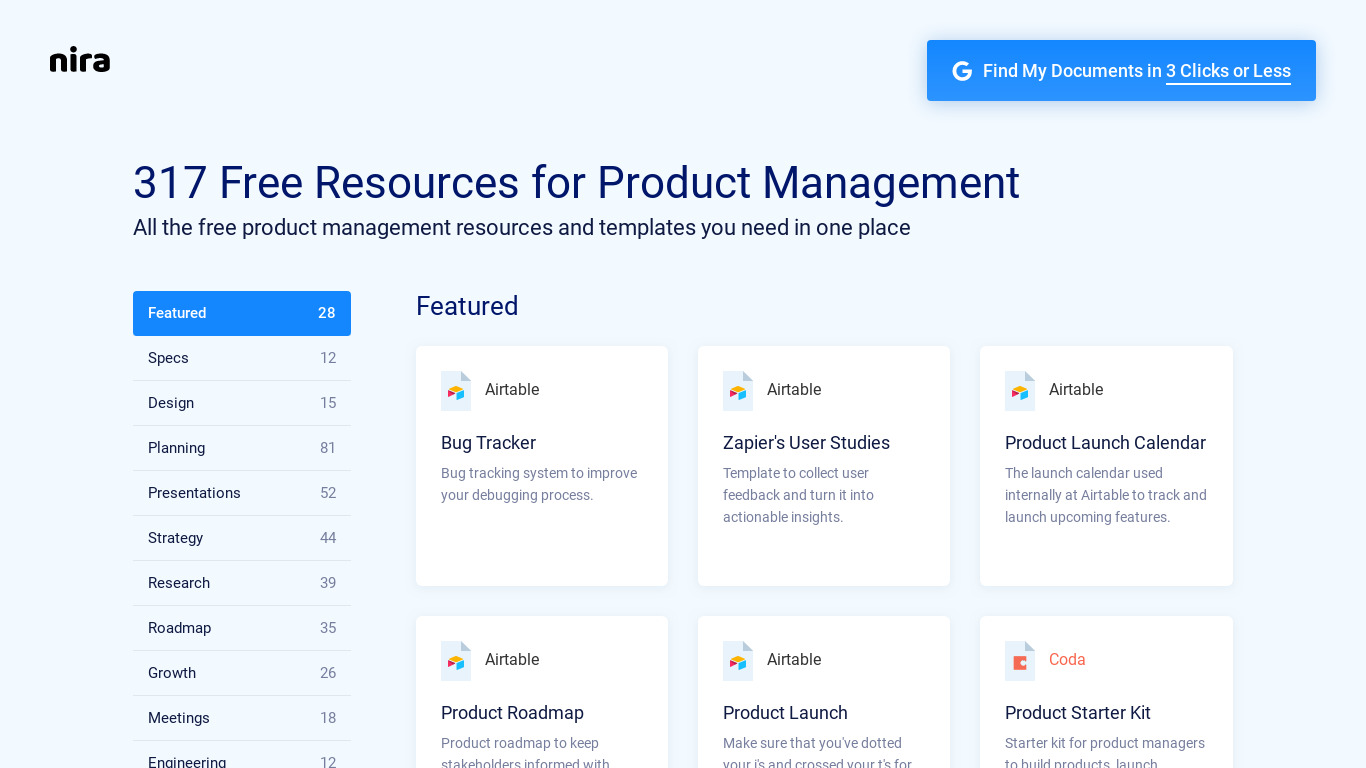 Product Resources List Landing page