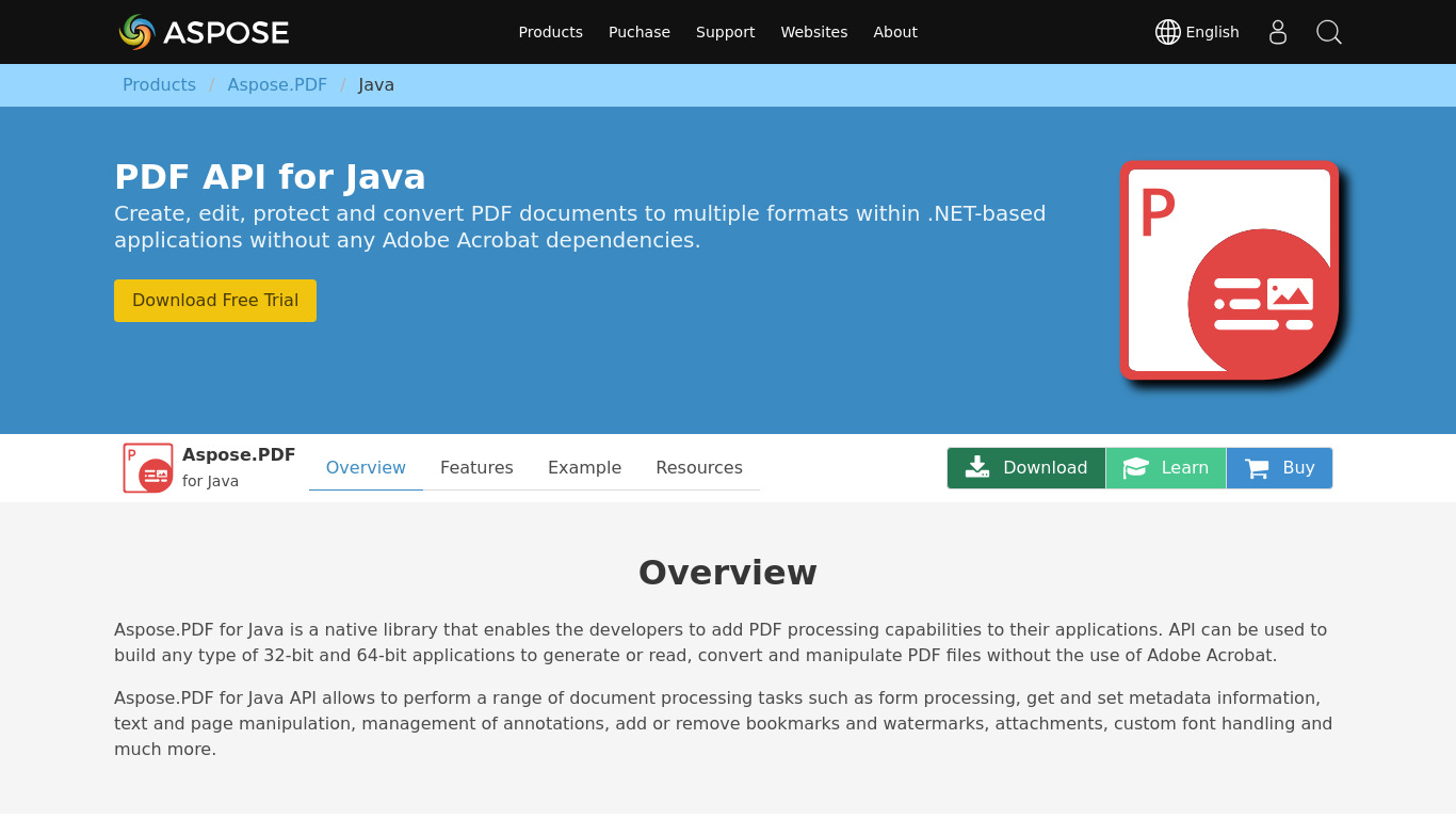Aspose.PDF for Java Landing page